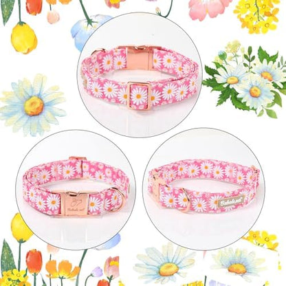 Pink Daisy Dog Collar, Cute Spring Flower Female Pet Collar with Metal Buckle, Soft Adjustable Designer Dog Collars for Small Medium Large Dogs S