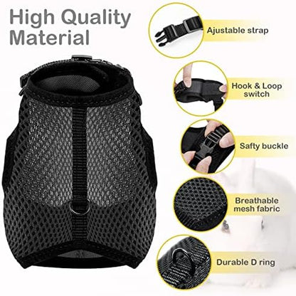 PETTOM Bunny Rabbit Harness with Stretchy Leash Cute Adjustable Buckle Breathable Mesh Vest for Kitten Small Pets Walking (Black,XS)