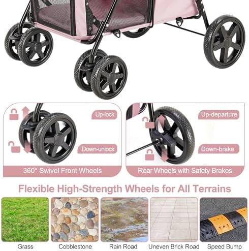 Double Pet Stroller for 2 Cats or 2 Dogs with Detachable Carriers