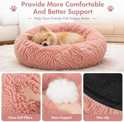Cat Beds for Indoor Cats, Round Fluffy Cute Small Cat Bed, Washable Anti-Slip Donut Pet Bed, Round Dog Bed for Small Pets (Pink)