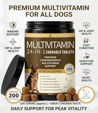 All-in-One Dog Multivitamin Chews 200 Count, Glucosamine Chondroitin Omega 3 Salmon Oil Probiotics, Joint Gut Immune Skin Coat Support, Chicken Flavor