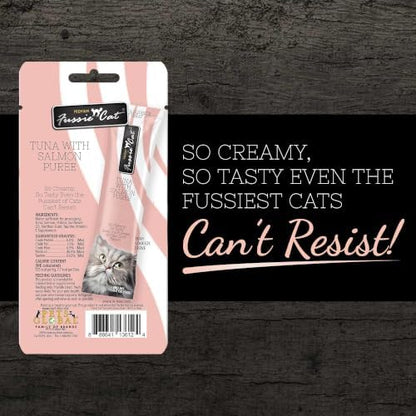 Fussie Cat Tuna with Salmon Puree, lickable cat Treats, 0.5oz Pouch Pack of 4