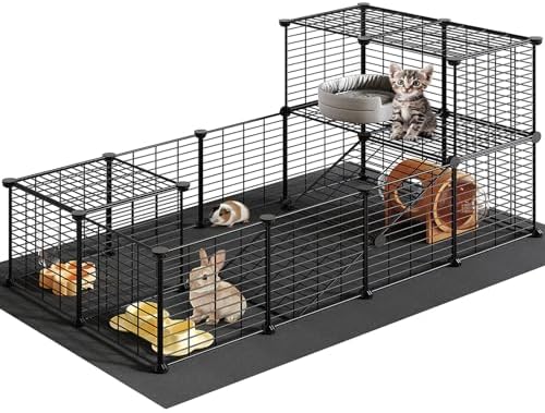 HOOBRO 24 Panels Guinea Pig Cage with Waterproof Mat and Ramp, 57" x 31.5" x 23.6" Loft Design Small Animal Playpen, Rabbit Cage, Bunny Cage, Pet Playpen, Indoor Outdoor Yard Fence, Black BK03PP03