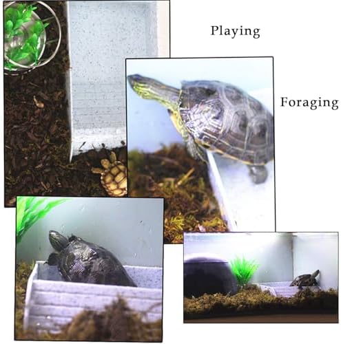 kathson Reptile Tortoise Turtle Feeding Dish with Ramp and Basking Platform Plastic Turtle Food and Water Bowl Also Fit for Bath Horned Frogs Lizards Amphibians(White, Emulational Granite)