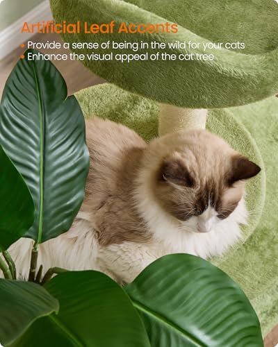 Feandrea Cat Tree, 68.1-Inch Multi-Level Plush Cat Tower, Artificial Leaves