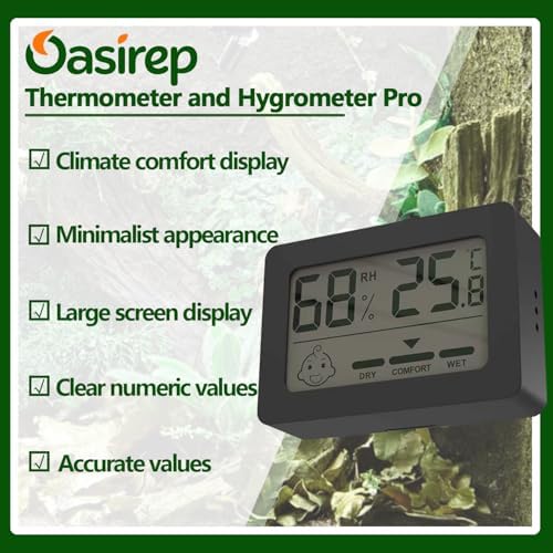 Black Reptile Thermometer Hygrometer with Climate Comfort Indicator, Fast Accurate LCD Digital Temperature & Humidity Monitor for Ball Python, Crested Gecko, Tortoise, Frog Tanks