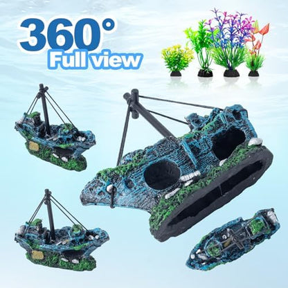 8Pcs Fish Tank Decorations Set Sunken Ship Decoration,Resin Material Fish Tank Accessories Accessories for Natural Look, Aquarium Shipwreck x 1pc, Aquatic Plants x 7pcs