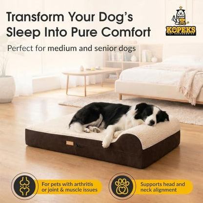 5.5 Inch Thick High Grade Orthopedic Memory Foam Dog Bed with Pillow and Easy to Wash Removable Cover with Anti-Slip Bottom. Free Waterproof Liner Included - for Medium and Large Dogs - Plush Brown