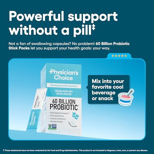 Physician’s Choice 60 Billion CFU Probiotic Stick Packs - 10 Strains + Prebiotics - Immune, Digestive & Gut Health - Supports Occasional Constipation, Diarrhea, Gas & Bloating - for Women & Men - 24CT