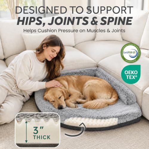 Corner Dog Bed Large, 36" Calming Fluffy Orthopedic Pet Beds, Grey