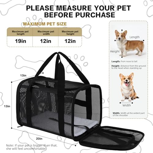 Cat Carrier, Soft-Sided Pet Carrier Bag, Breathable Mesh, Black (Black, 20 * 13 * 13)
