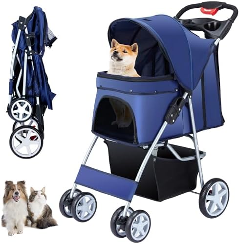 Unisakey Foldable 4-Wheel Pet Stroller for Dogs Cats 10-33lbs, Navy Blue