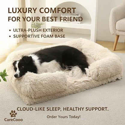 Orthopedic Dog Bed for XXL Dogs - Washable Memory Foam Pet Sofa, Fluffy Plush Rectangular Bed, Waterproof Anti-Anxiety Couch, Light Brown, XXL