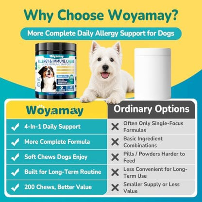 Woyamay Dog Allergy Chews, Dog Itching Skin Relief Chews, 200 Soft Bites