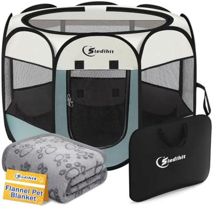 Sieidihit Dog Cat Playpen Tent Crate Cage with Blanket, Small Grey