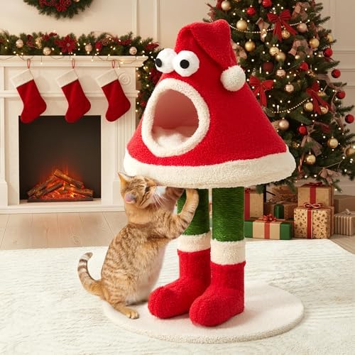 32" Cat Tree Tower –Santa Hat Design with Scratching Posts & Cozy Bed, Suitable for Small to Large Cats, Red