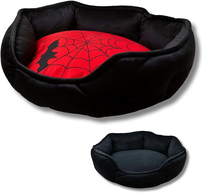 Gothic Cat Bed, 20 Inches Reversible Red and Black Cat Bed for Indoor Cats, Super Soft Plush Pet Bed with Cozy Spider Web Pillow and Secure Non-Slip Bottom