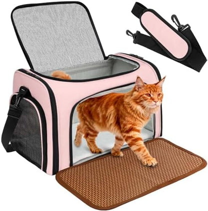 Cat Carrier Dog Carrier - Soft-Sided Cat Carrier with Plush Pad & Cooling Mat, Easy-Load 4-Side Zipper & 3-Side Mesh Ventilation, Pet Carrier Airline Approved for Cats/Dogs Up to 16 lbs, Pink