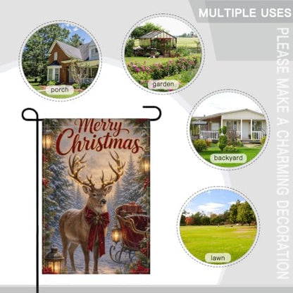Christmas Reindeer House Flag 28x40 Inch Merry Holiday Deer Lighted Antlers Sleigh Gifts Lantern Snowy Forest Rustic Outdoor Yard Lawn Porch Double Sided Banner Welcome Decor