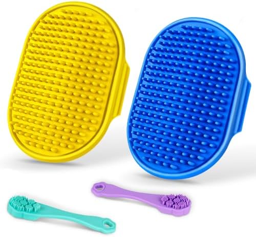 4PCS Dog Bath Brush | Scrubber for Bath | Shampoo Brush | Toothbrush | Finger Toothbrush | Dog Shower/Washing Brush with Adjustable Ring Handle - Pet Bath Supplies (Blue Yellow)