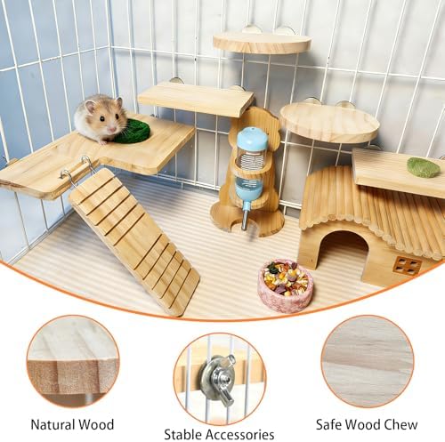 Hamster Cage Platform L-Shaped Wooden Hamster Cage Accessories Rat Climbing Toys Ledge with Ladder for Sugar Glider Mice Mouse Squirrel (M)