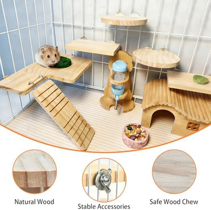 Hamster Cage Platform L-Shaped Wooden Hamster Cage Accessories Rat Climbing Toys Ledge with Ladder for Sugar Glider Mice Mouse Squirrel (M)