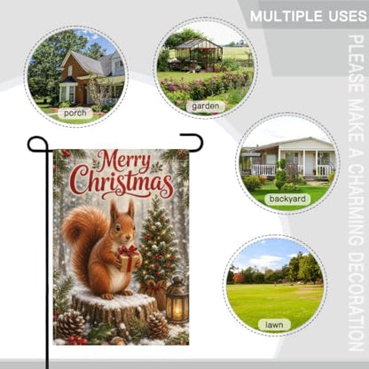 Christmas Squirrel House Flag 28x40 Inch Merry Holiday Gift Tree Lantern Pinecone Holly Snowy Woodland Rustic Outdoor Yard Lawn Porch Double Sided Banner Farmhouse Welcome Decor