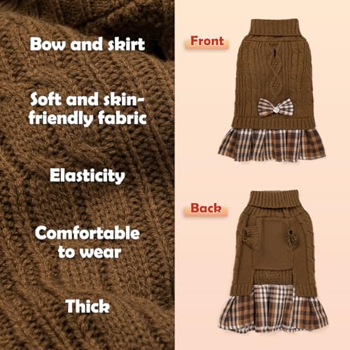 YUDODO Small Dog Sweater Dress with Bowtie Turtleneck - Knitted Pet Clothes