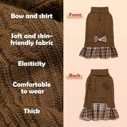 YUDODO Small Dog Sweater Dress with Bowtie Turtleneck - Knitted Pet Clothes