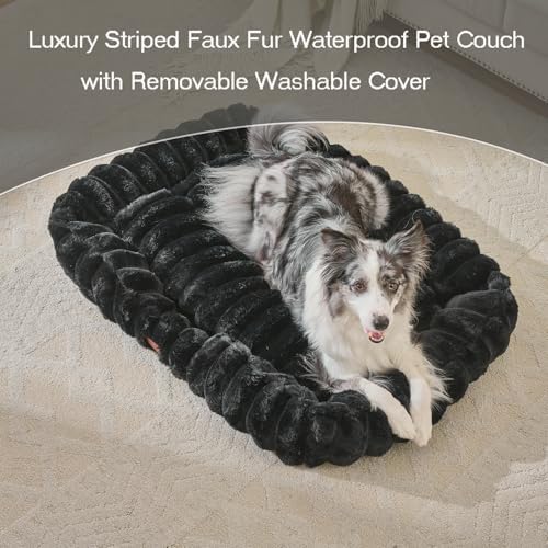 Luxury Dog Beds,Large Sized Dog Washable Furry Pet Beds,Comfort Rectangle Pet Sofa Couch with Ultra,Puppy Beds with Removable Zipper Cover,40x30x7.5inches,Black