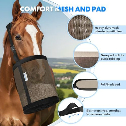 Horse Feed Bag Pack of 2 (Reinforced Bottom Edging), Feed Bags for Horses with Ventilation Mesh, Comfort Nose Pad Neck Pad, Adjustable Strap, Spill Proof Design for Feeding Grain, Supplements
