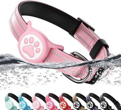 Premium Airtag Dog Collar，with IP68 Waterproof AirTag Holder,Pink,XS