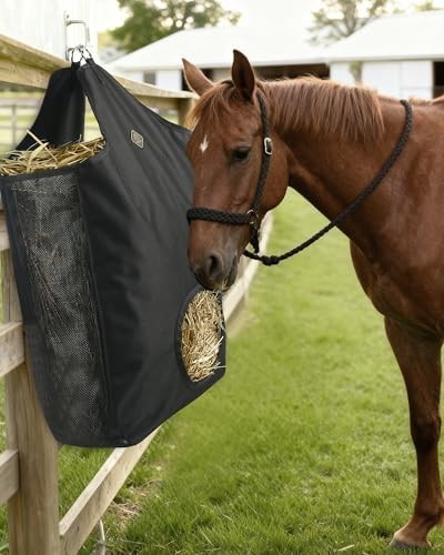 Kavallerie Horse Hay Bag, Oversized 19x12x20” Hay Bag with Mesh Sides, Easy-Fill Snap Closure & Round Feed Hole, Ideal for Stables, Trail Rides & Transport
