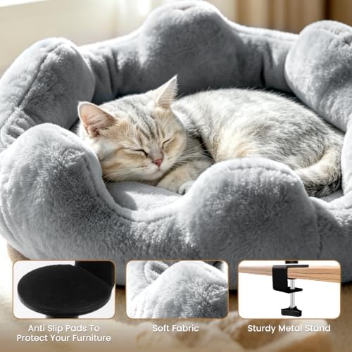 Cat Desk Bed, 360° Rotatable Adjustment Desk Cat Bed, Supports 40 lb, Detachable & Washable Cat Bed for Desk with Soft Faux Fur, for Remote Workers, Office Staff and Gamers