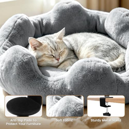 Cat Desk Bed, 360° Rotatable Adjustment Desk Cat Bed, Supports 40 lb, Detachable & Washable Cat Bed for Desk with Soft Faux Fur, for Remote Workers, Office Staff and Gamers