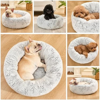 Dog Calming Beds for Small Medium Large Dogs - Round Donut Washable Puppy Dog Bed, Anti-Slip Faux Fur Fluffy Donut Cuddle Anxiety Cat Pet Bed (36" Rose)