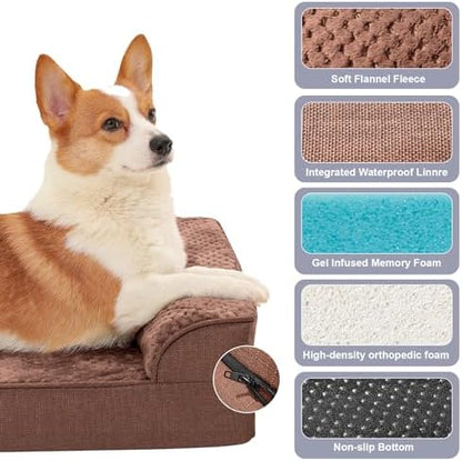 Rainmr Waterproof Dog Bed for Small Dogs - Orthopedic Memory Foam Puppy Couch Sofa, Removable Cover & Anti-Slip Bottom, 36x27 Inches, Brown