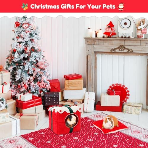 BWOGUE Christmas Guinea Pig Hideout, Warm Winter Cave Bed, Small Animal Hut