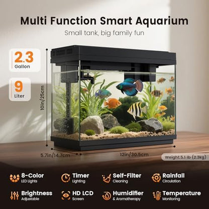 fishkeeper 2.3Gal Smart Glass Fish Tank with LED Light Timer, Self-Cleaning
