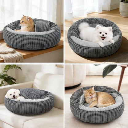 Dog Bed with Attached Blanket for Small Dogs or Cats, Soft Plush Cozy Donut Cuddler Hooded Pet Beds Washable. Round Puppy Bed Orthopedic, Calming Cat Cave Bed. Anti-Slip Bottom 26inch