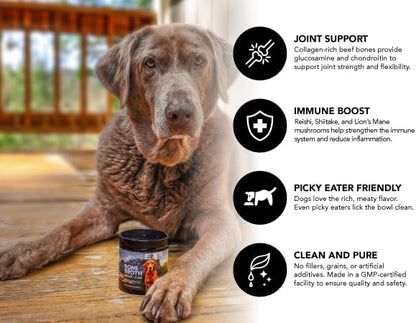 Bone Broth for Dogs – Grass-Fed Beef Protein Powder with Medicinal Mushrooms – Supports Hips, Joints, Digestion & Immunity – All-Natural Food Topper – 60 Servings (3 oz, 83 Grams)