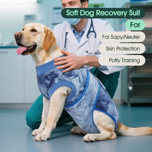 Kuoser Dog Surgery Recovery Suit, Anti Licking Surgical Suit for Dogs Male Neuter, Soft Dog Surgery Suit Female Spay Subsititute E-Collar Cone, Doggie Body Suits After Surgery Blue Tie Dye M