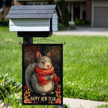 Happy New Year Garden Flag 12x18 Double Sided Vertical Linen Small Fireworks Squirrel House Flag Welcome Holiday Winter House Outdoor Outside Decorations (27162)