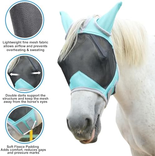 Horse Fly Mask with Ears, Breathable Fine Mesh Turquoise Pony