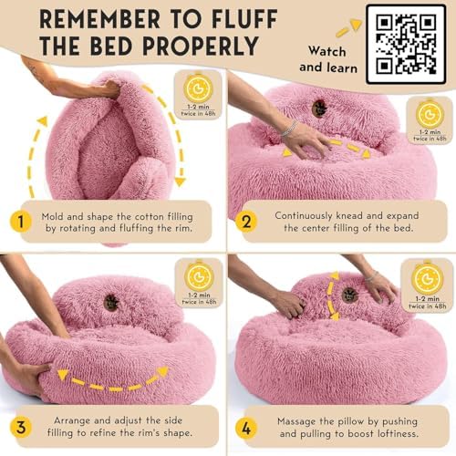 PetJett Calming Dog Bed for Small Dogs – 23" Donut Dog Beds, Anti-Slip & Washable Fluffy Plush Faux Fur Pet Bed, Anti-Anxiety Premium Comfort Round Puppy Bed, Fits Dogs up to 25 lbs – Pink