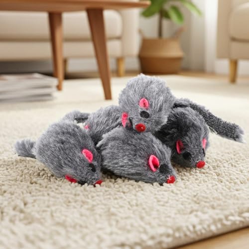 5 PCS Cat Toy Mice, Gray Fur Rattle Mouse Toys for Cats Realistic Mice Animal Toys Artificial Fur Pet Supplies Interactive Kitten Toy for Indoor Cats Self Play