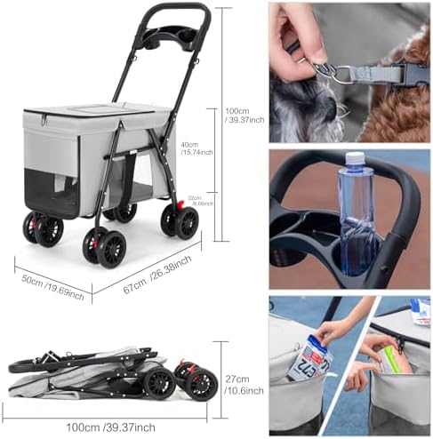 Pet Stroller Cat Dog Stroller Travel Folding Pet Carriers（Gray）