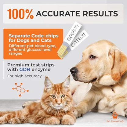 Pet Blood Sugar Glucose Monitoring Kit for Dogs and Cats - Pet Glucose Diabetic Monitor System - Accurate Diabetes Testing 2 Code-Chips for Dog/Cat, Lancets - Monitor + 50 Test Strips