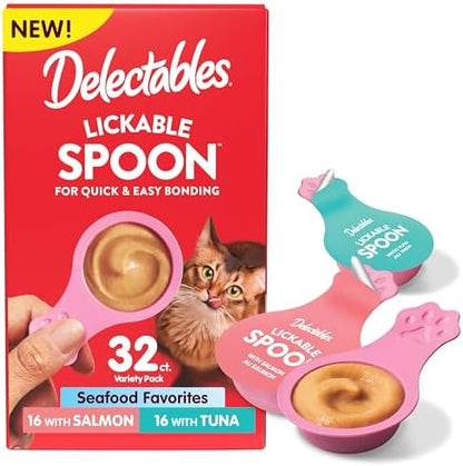 Delectables Lickable Spoon Handheld Wet Cat Treats Made with Real Salmon & Tuna, Creamy Puree, Mess Free, Quick & Easy, Grain-Free, No Added Fillers, No Added Preservatives, Variety Pack, 32ct