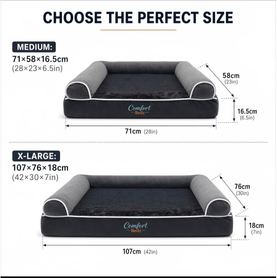 Orthopedic Dog Bed, Plush Velvet and Rabbit Fur, Raised Bolster Sides, Washable Cushion, Non-Slip Bottom, Dark Gray